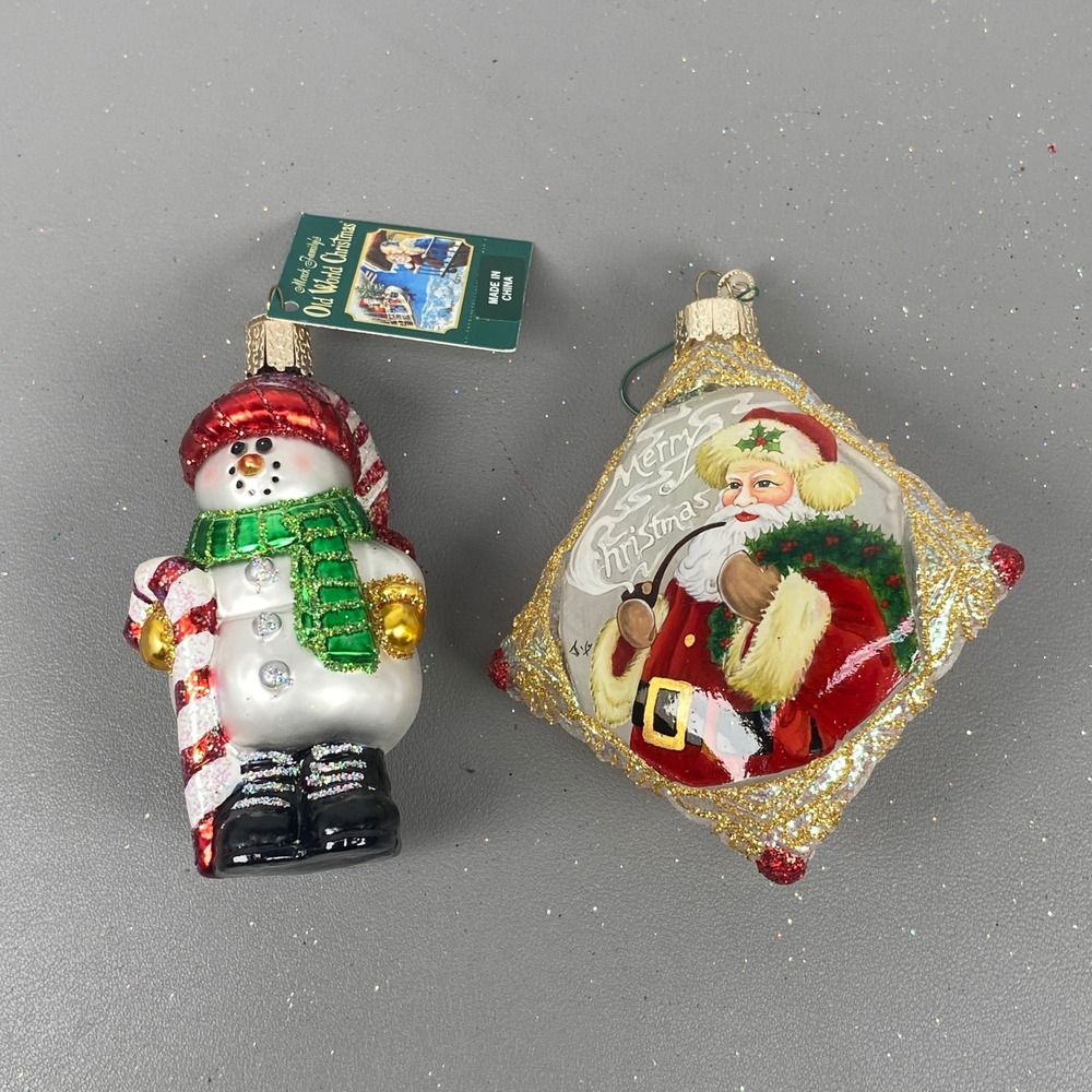 Old World Christmas Ornaments Snowman Candy Cane & Inside Art Santa Claus Pillow